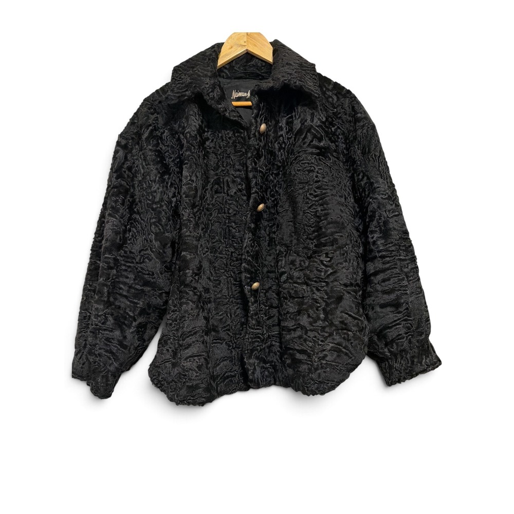 Vintage Neiman Marcus Black Lamb Fur Coat Large Gold Button Made in Denmark L